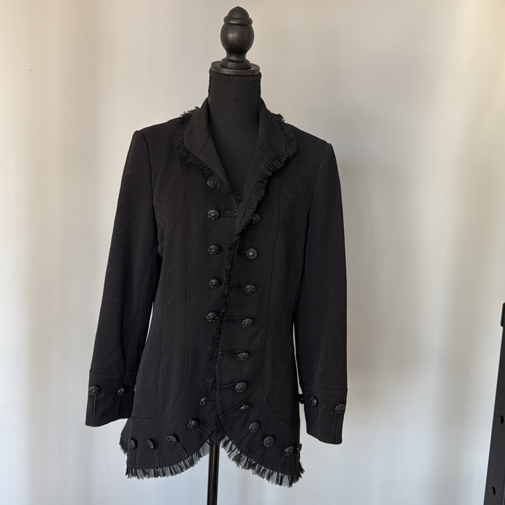 SASSY black military band style mesh trim blazer with ruffle accents